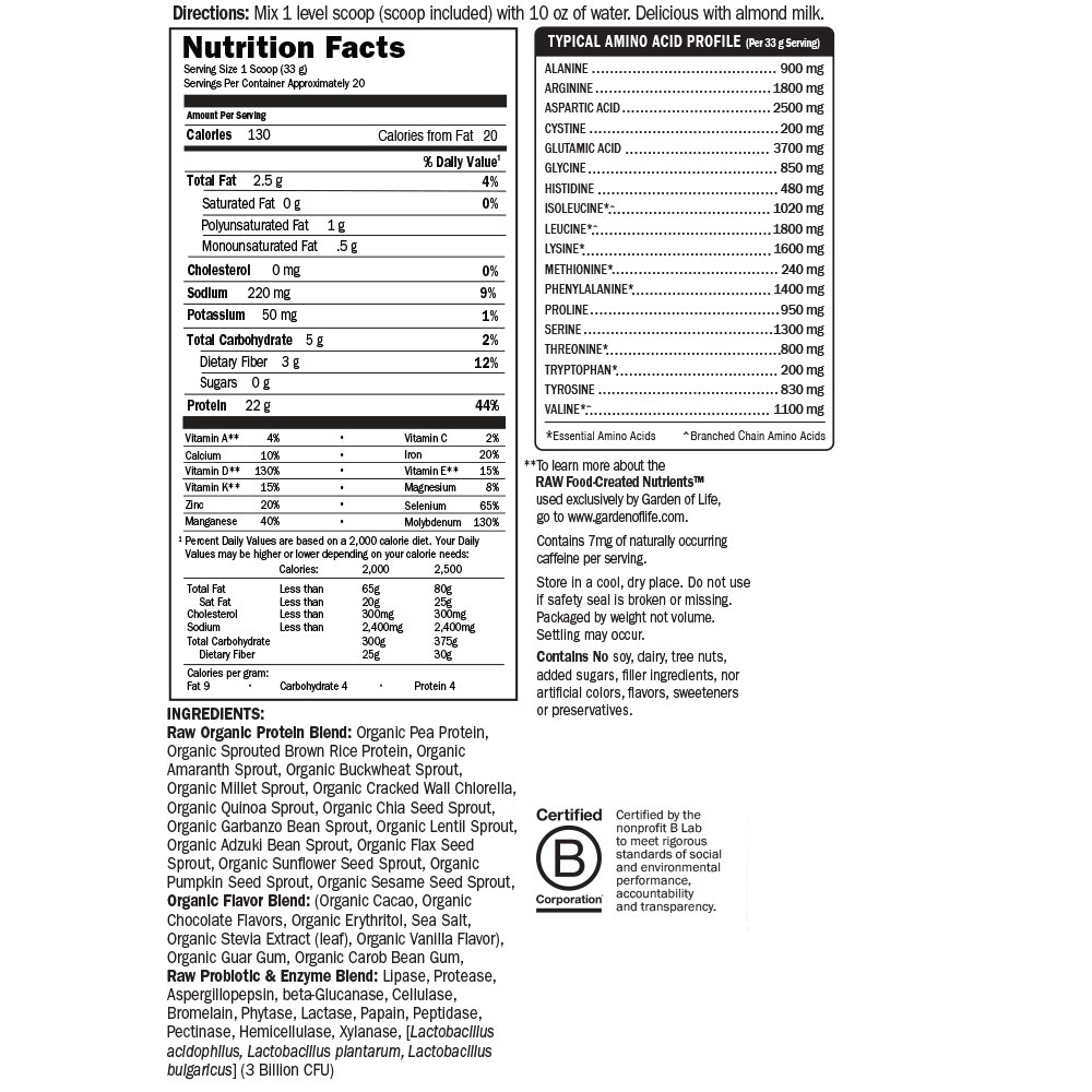 Garden of Life Raw Organic Protein - Chocolate (664g) - Lifestyle Markets